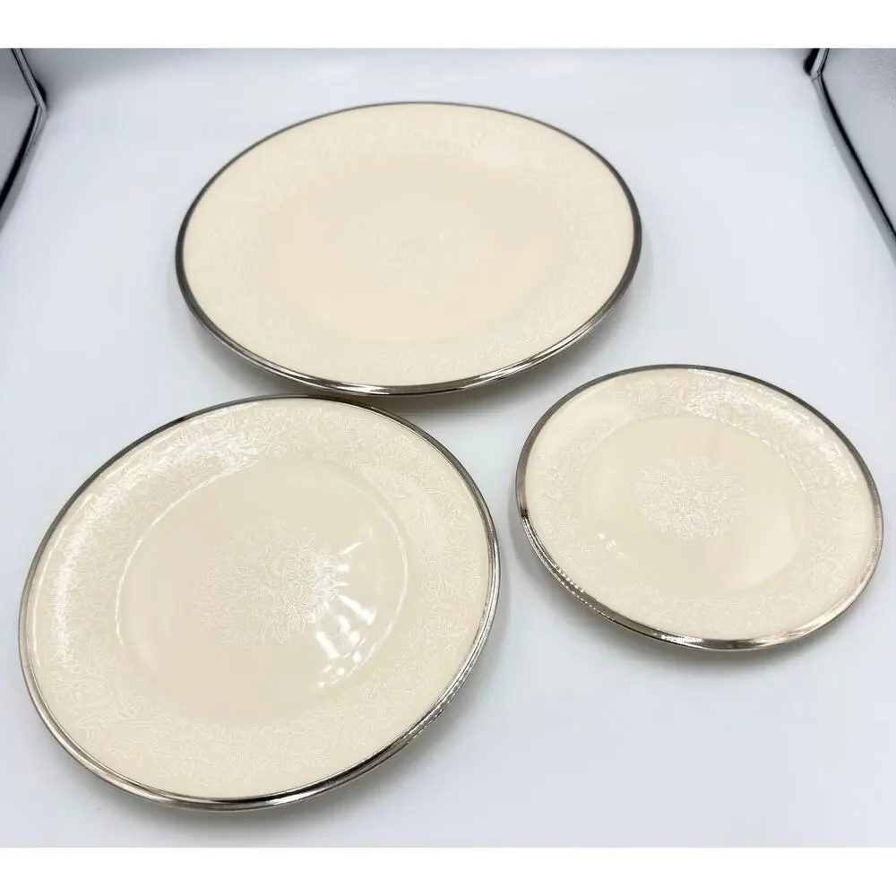 Lenox Moonspun China Platinum Trim 3pc Plate Set Dinner, Salad Bread
